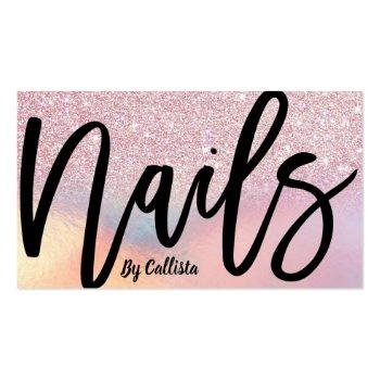 Small Pink Glitter Iridescent Nail Tech Business Card Front View