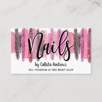 pink glitter polish brushstrokes nail technician business card