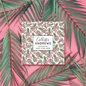 pink green watercolor floral pineapples pattern square business card