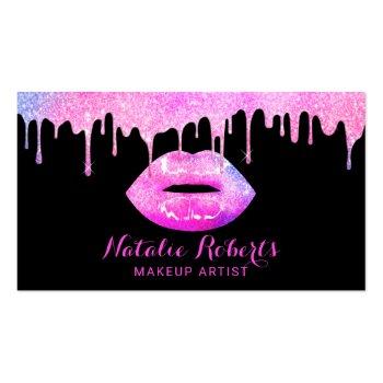 Small Pink Lips Makeup Artist Modern Pastel Drips Salon Business Card Front View