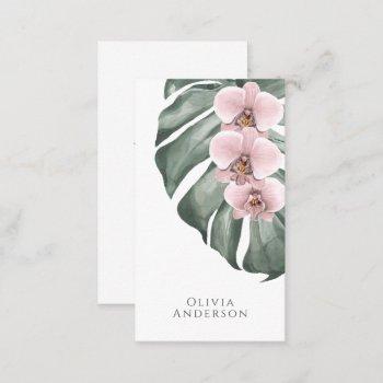pink orchids on monstera tropical botanical business card