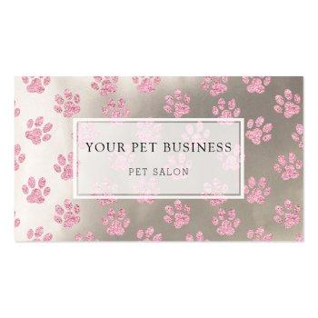 Small Pink Pet Paw Prints On Silver Pet Salon Business Card Front View