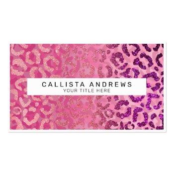 Small Pink Purple Glitter Leopard Animal Print Monogram Business Card Front View