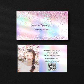 pink purple holographic glitter photo qr code business card