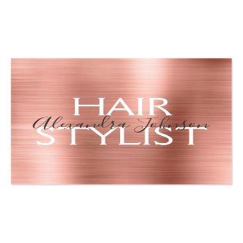Small Pink & Rose Gold Brushed Metal Hair Stylist Square Business Card Front View