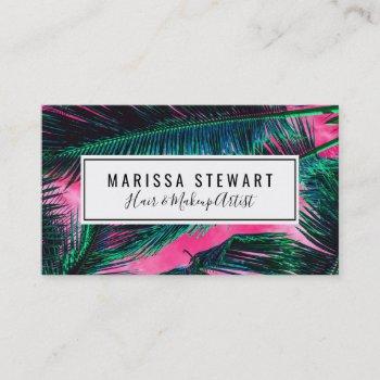 pink teal tropical summer palm tree fronds business card