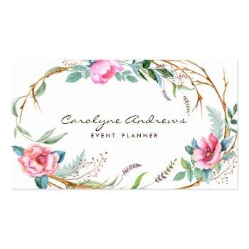 Small Pink Watercolor Bohemian Floral Wreath Business Card Front View