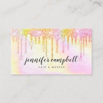 pink yellow holographic glitter drips makeup hair business card
