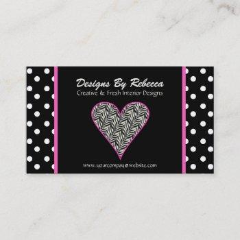 pink zebra print heart & polka dots business card