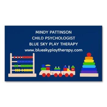 play therapy child psychologist toys train blue business card magnet