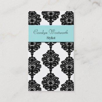 Small Pretty Black, White And Aqua Damask Business Card Front View