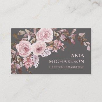 pretty blush floral bouquet on elegant grey business card