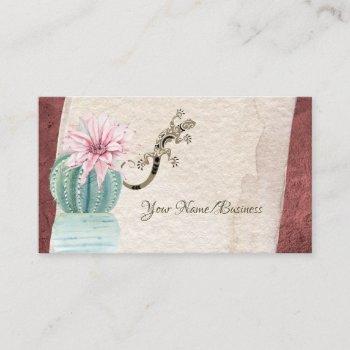 pretty cactus with flower and gecko southwestern business card