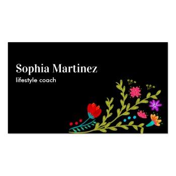 Small Pretty Fiesta Floral Bouquet Black Social Media Business Card Front View