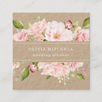 pretty pink roses on blush pink | floral kraft square business card
