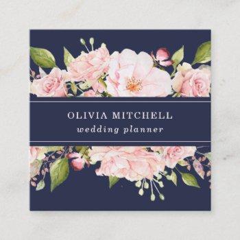 pretty pink roses on navy blue | floral square business card