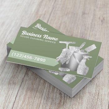 professional cleaning maid service sage green business card