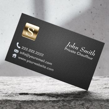 Small Professional Gold Logo Dark Metal Chauffeur Business Card Front View