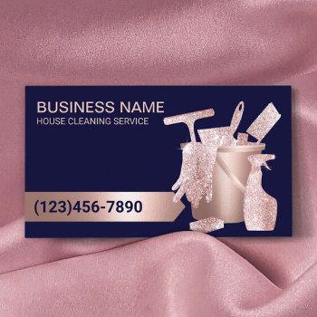 professional house cleaning navy blue & rose gold business card