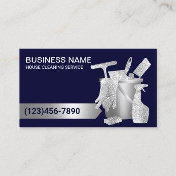 professional house cleaning navy blue & silver business card