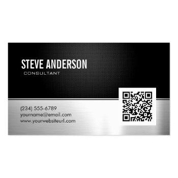 Small Professional Modern Black Silver Metallic Qr Code Business Card Front View