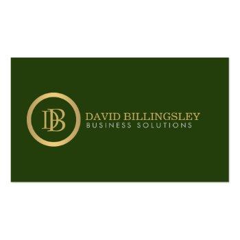 Small Professional Monogram Logo In Faux Gold Dark Green Business Card Front View