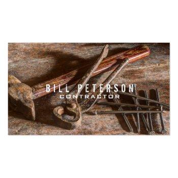 Small Professional Rustic Tools Construction Contractor Business Card Front View
