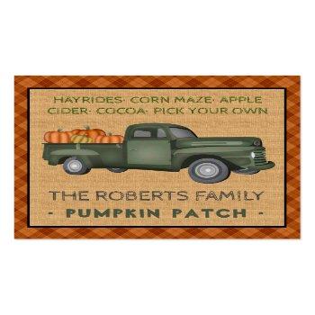 Small Pumpkin Patch Family Farm Vintage Truck Fall Plaid Square Business Card Front View
