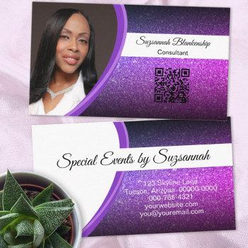 purple faux glitter professional photo qr code business card