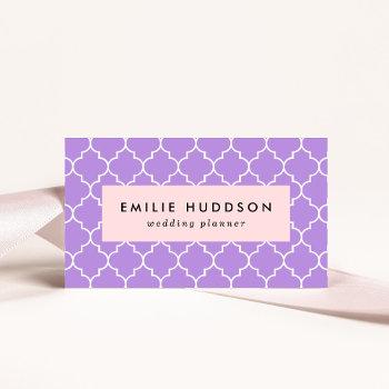 purple latticework, quatrefoil, moroccan trellis business card