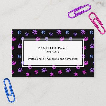 Small Purple Pink Blue Paw Prints Professional Pet Salon Business Card Front View