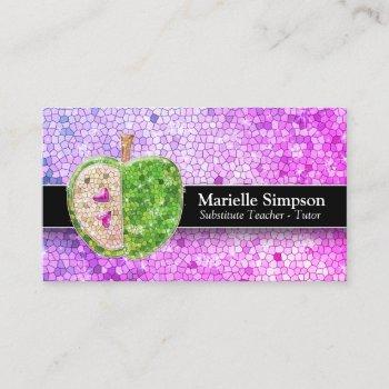 purple pink glitter apple substitute teacher tutor business card