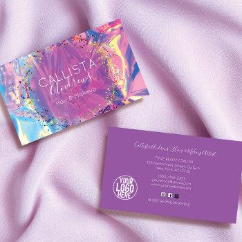 purple pink holograph glitter confetti salon busin business card
