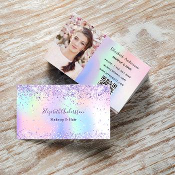 purple pink holographic glitter photo qr code business card