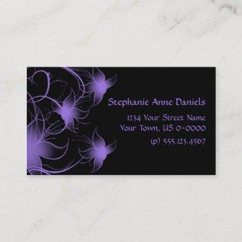 purple swirly flowers on black business card