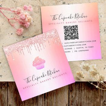 qr code cupcake bakery chef pink rainbow glitter square business card