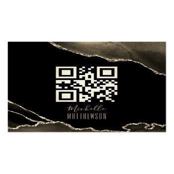 Small Qr Code Elegant Black Gold Agate Social Media Square Business Card Front View