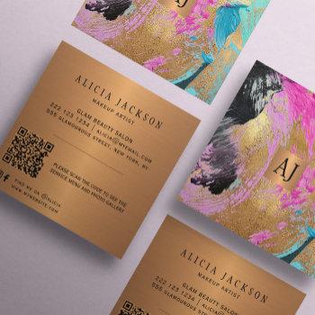 qr code modern abstract gold glam monogrammed  square business card