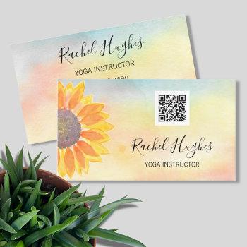 qr code yoga instructor sunflower watercolor business card