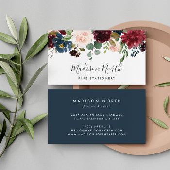 radiant bloom | navy & burgundy watercolor floral business card