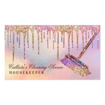Small Rainbow Holographic Glitter Drips Cleaning Service Business Card Front View