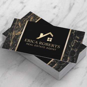 real estate agent modern black & gold marble business card