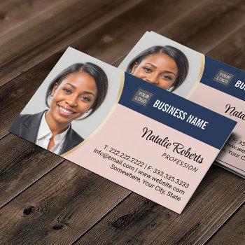 Small Real Estate Agent Realtor Blue & Pink Custom Photo Business Card Front View
