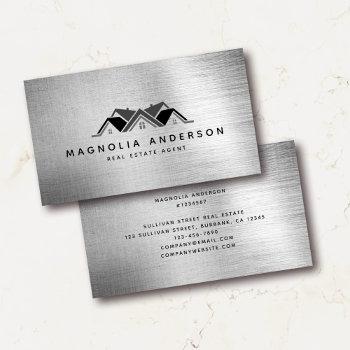 real estate agent silver brushed metal  business card