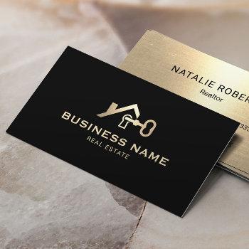 real estate house & key logo black & gold realtor business card