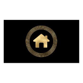 Small Real Estate House Logo Greek Key Frame Black Gold Business Card Back View