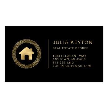 Small Real Estate House Logo Greek Key Frame Black Gold Business Card Front View