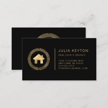 real estate house logo greek key frame black gold business card