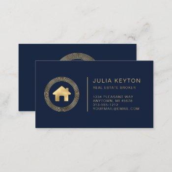 real estate house logo greek key frame blue gold business card