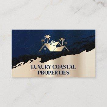 real estate palm tree logo | blue gold business card